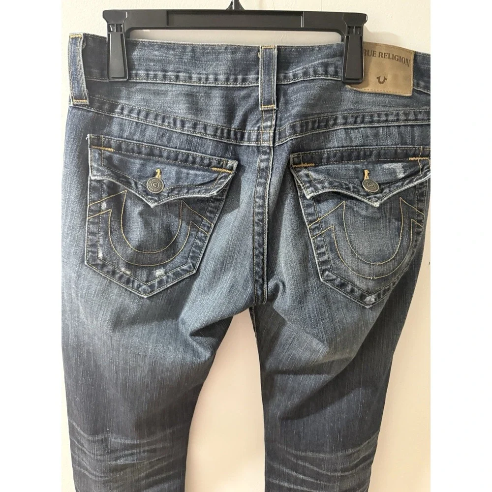 True Religion Ricky Straight Flap Jeans Men Sz 32 x 31 Blue Distress 100% Cotton